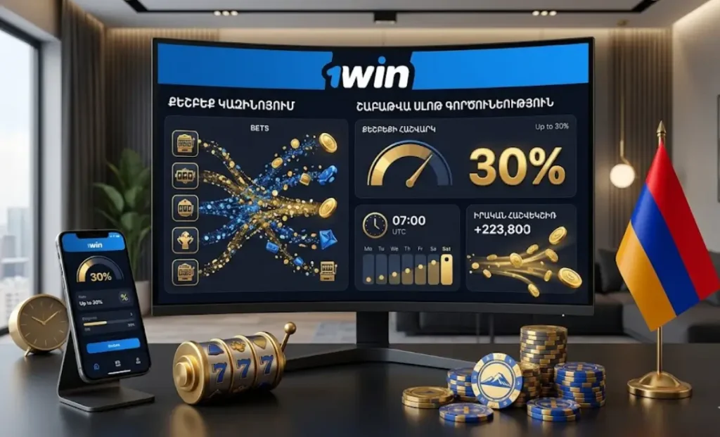1win կազինոյի շաբաթական քեշբեքի համակարգը՝ մինչև 30% վերադարձ սլոթերի համար։