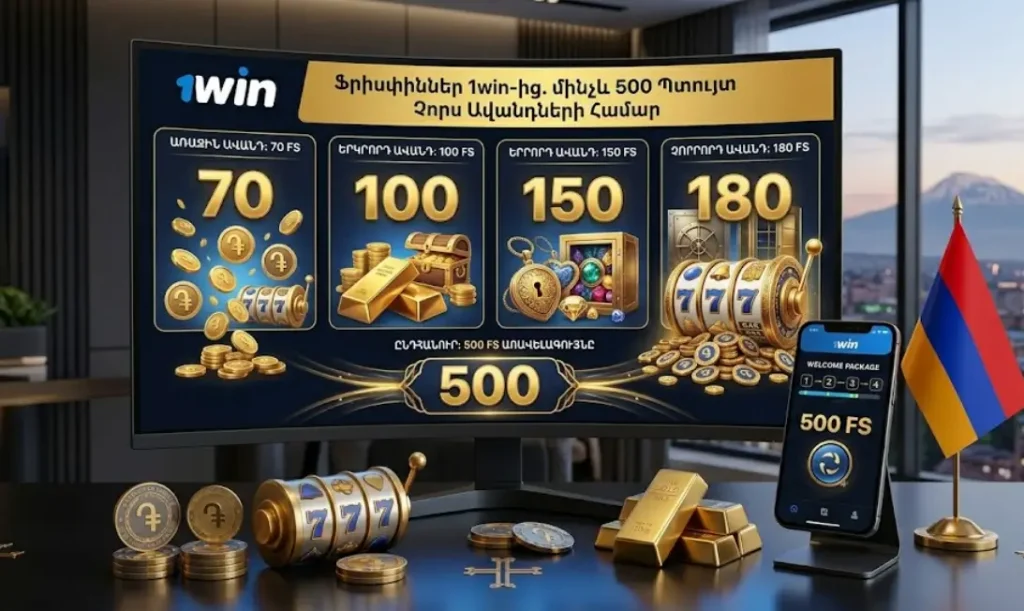 1win հարթակի ֆրիսփինների (FS) ողջույնի փաթեթի մանրամասները առաջին չորս ավանդների համար: