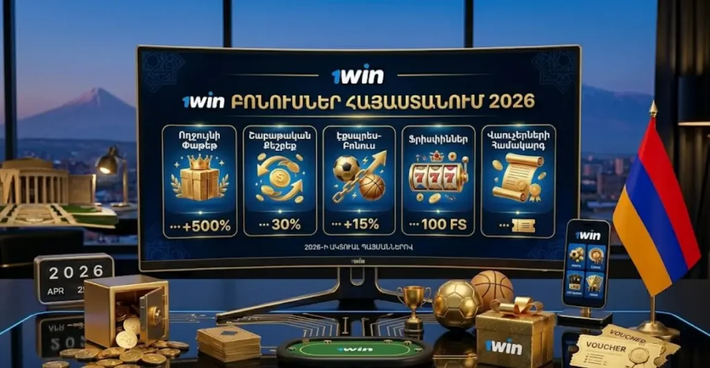 1win հարթակի բոնուսային ծրագրի տեսակները 2026 թվականին՝ ողջույնի փաթեթ, քեշբեք, էքսպրես-բոնուս և ֆրիսփիններ Հայաստանի համար։